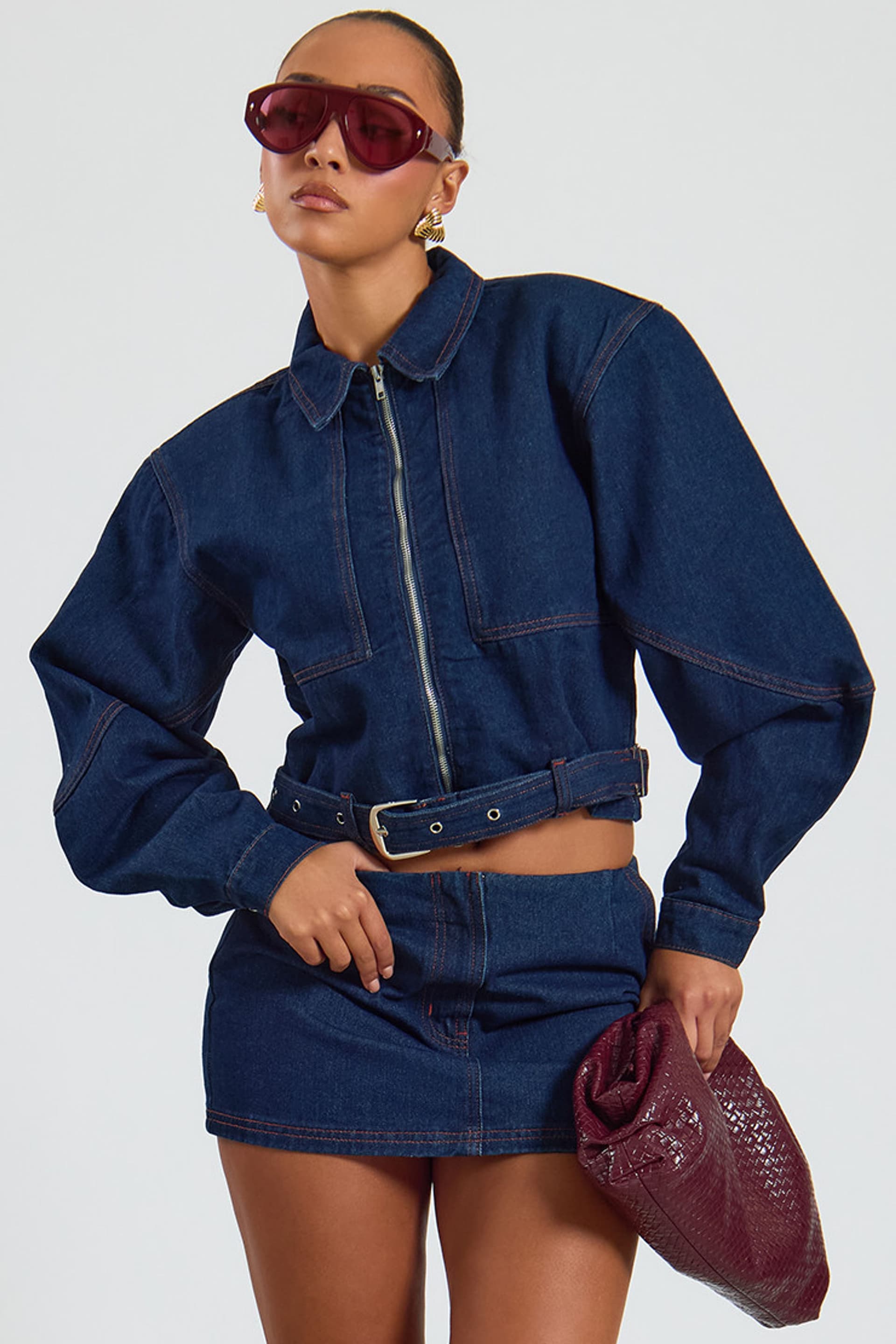 EGO EGO Women's Long Sleeve Zip Belted Denim Mini Jacket in Dark Blue