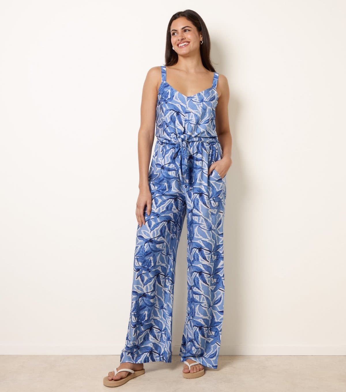 Blue Vanilla Women's Blue Leaf Print Tie Front Jumpsuit Blue Vanilla New Look