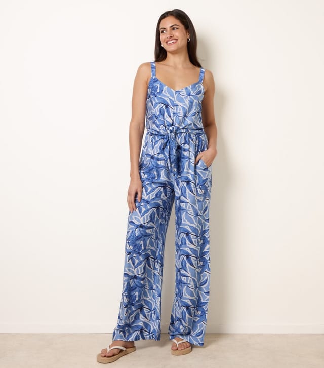 Blue Vanilla Women's Blue Leaf Print Tie Front Jumpsuit Blue Vanilla New Look - 2