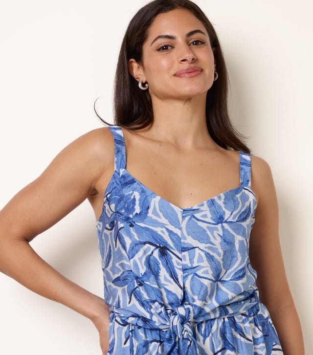 Blue Vanilla Women's Blue Leaf Print Tie Front Jumpsuit Blue Vanilla New Look - 3