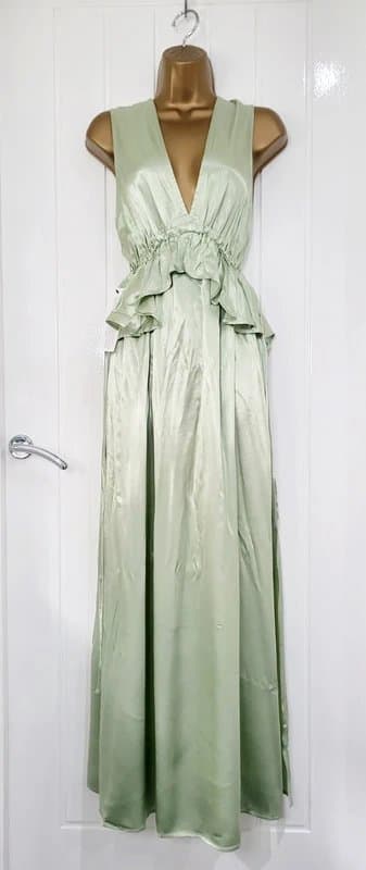 Topshop Top Shop UK `14 petite sage green satin maxi dress occasion bridesmaid peplum
