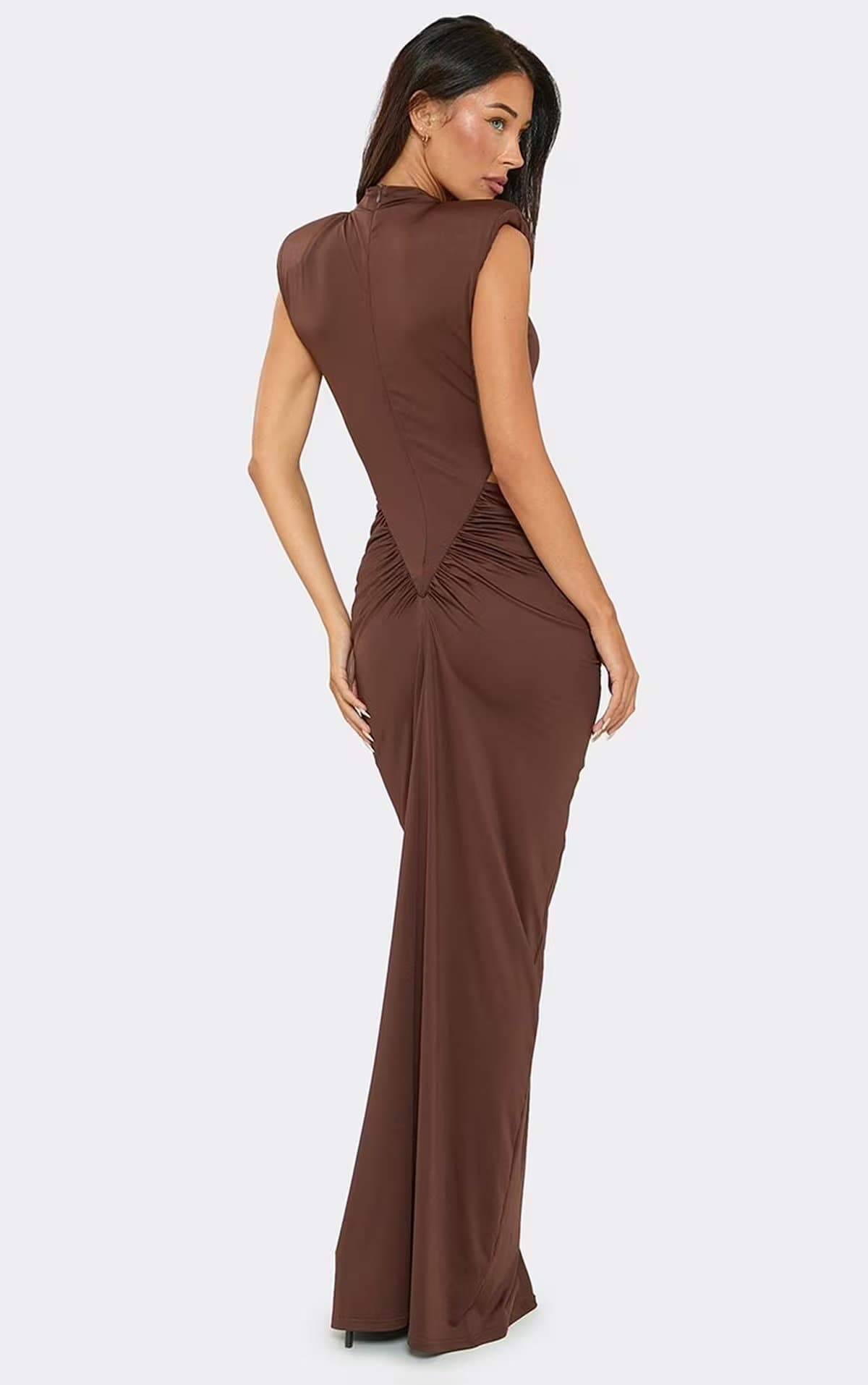EGO High Neck Shoulder Padded Ruched Waist Cut Out Maxi Dress In Chocolate Brown, Women's Size UK 6