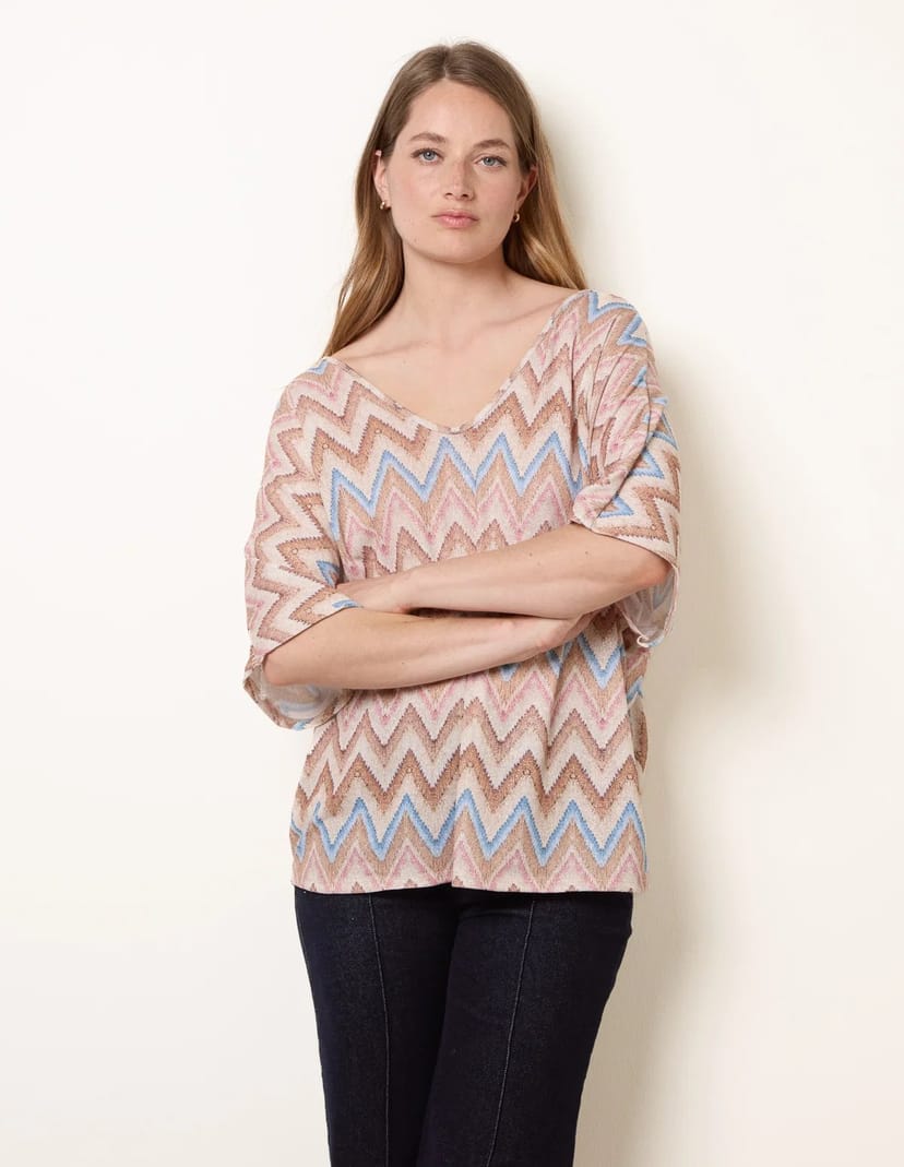 Blue Vanilla Zig Zag Metallic Bow Back Top - 1