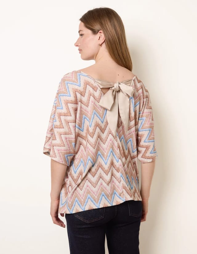 Blue Vanilla Zig Zag Metallic Bow Back Top - 2