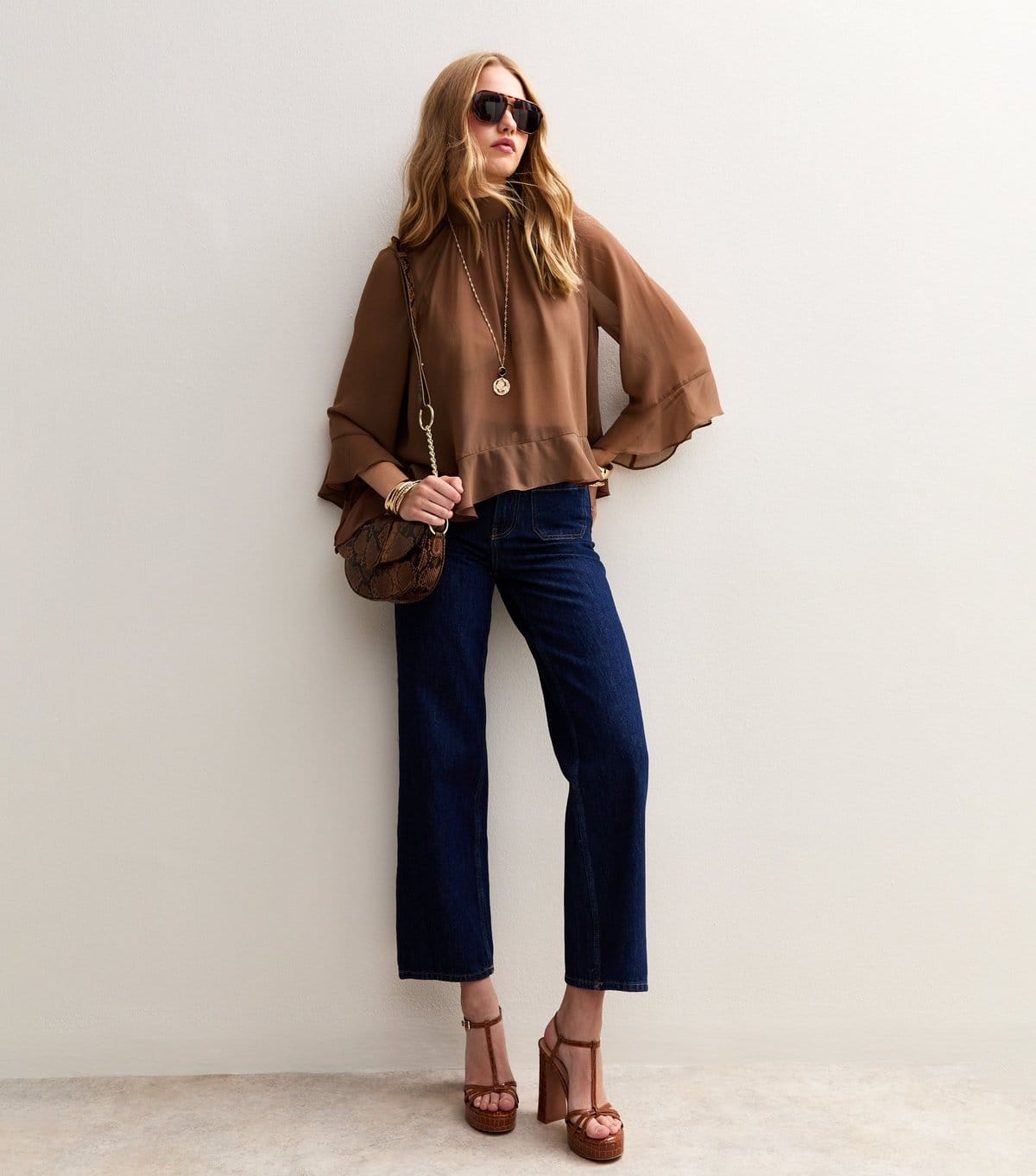 New Look Women's Brown Ruffle Chiffon High Neck Asymmetrical Blouse New Look - 3