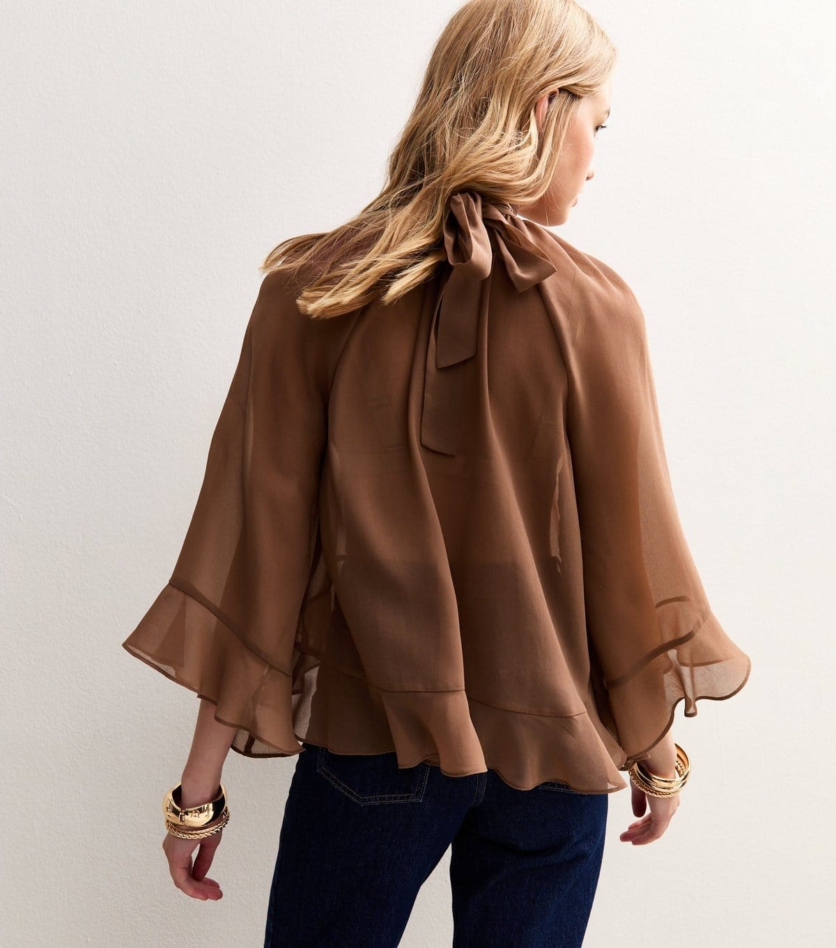 New Look Women's Brown Ruffle Chiffon High Neck Asymmetrical Blouse New Look - 4