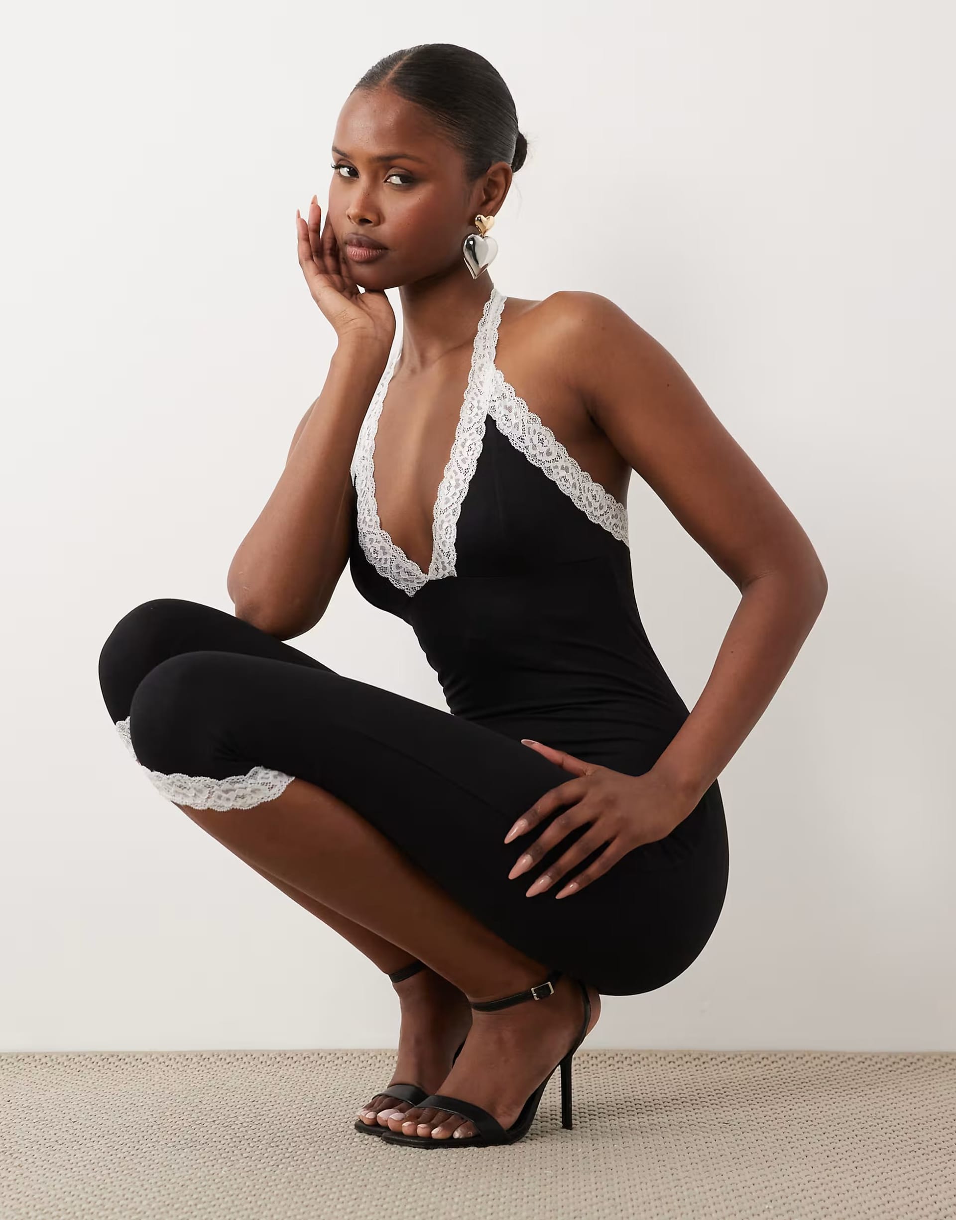 ASOS Black Modal Halter Neck Lace Trim Capri Jumpsuit