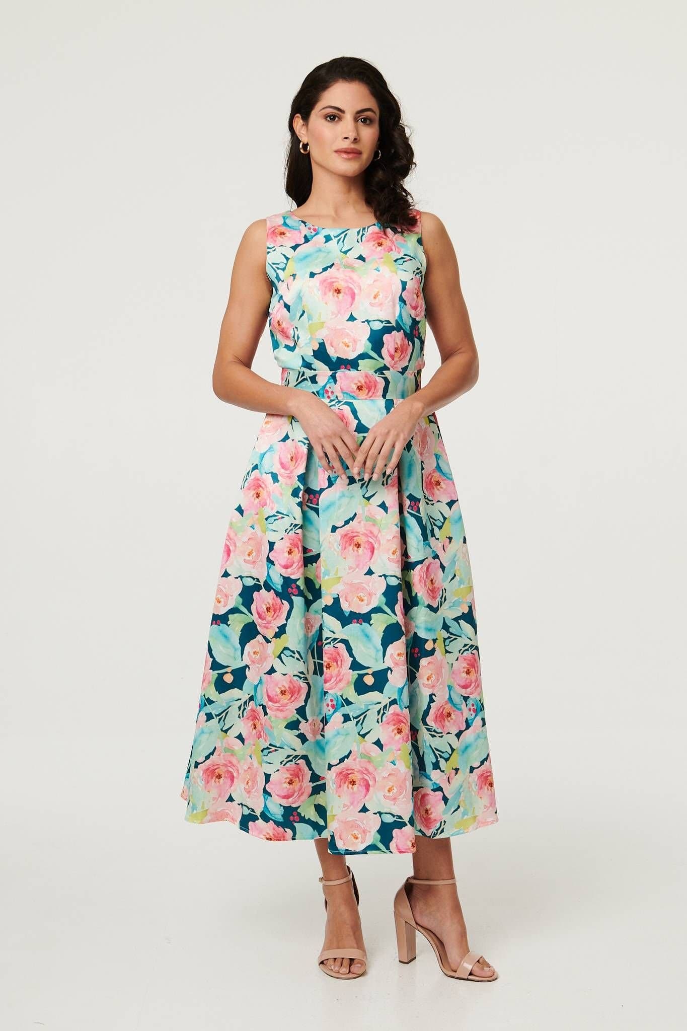Izabel London Izabel London Women's Floral Sleeveless Pleat Front Midi Dress in Blue
