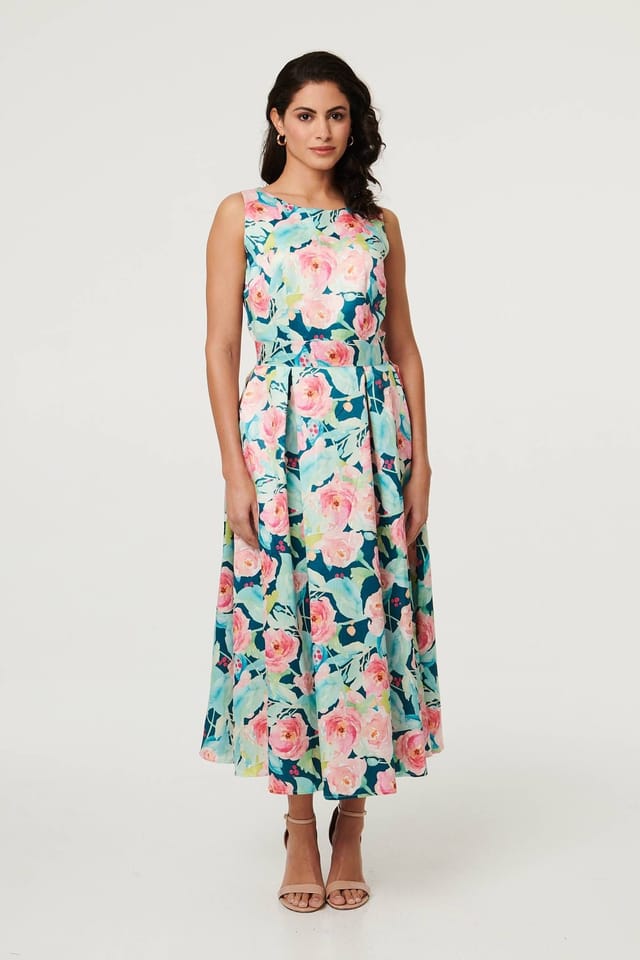 Izabel London Izabel London Women's Floral Sleeveless Pleat Front Midi Dress in Blue - 2