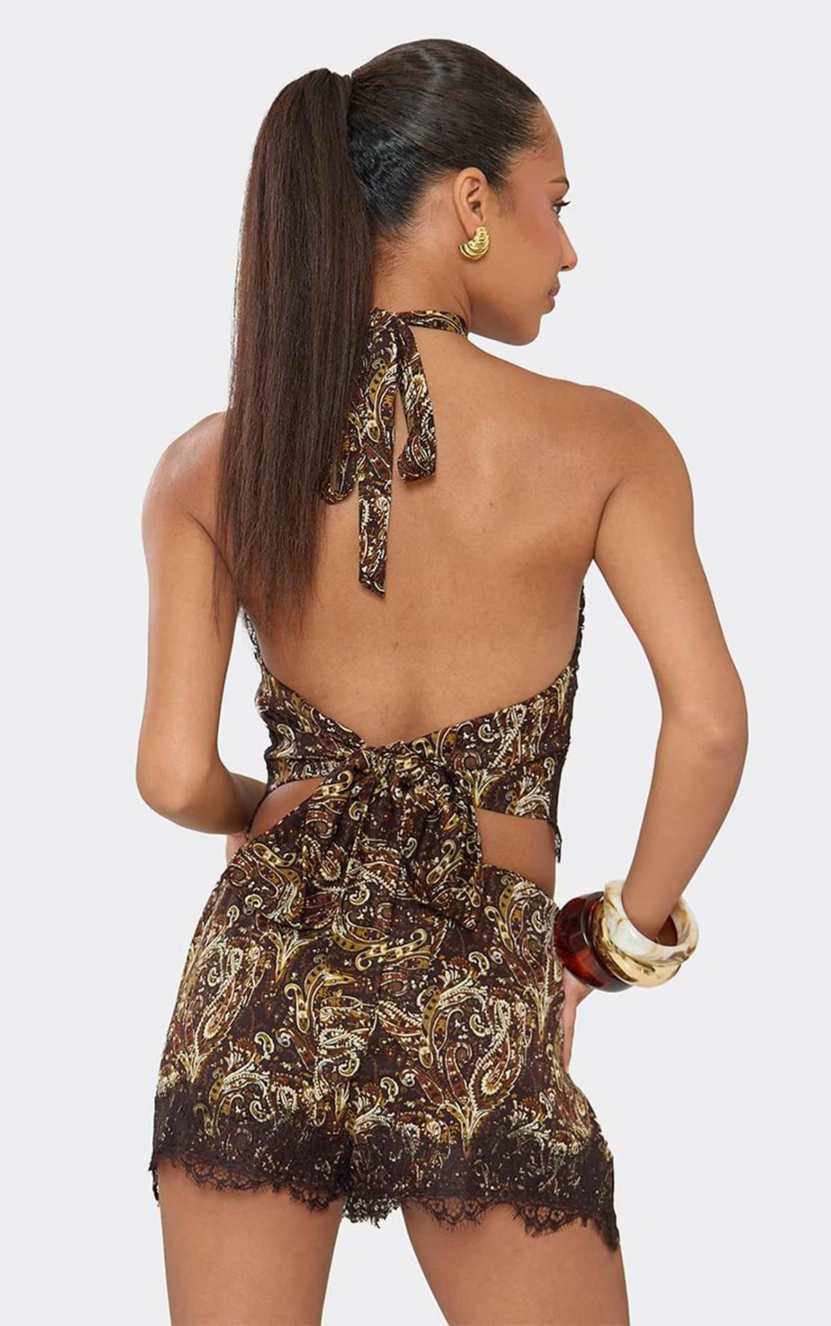 EGO Mid Rise Lace Trim Shorts In Brown Paisley Print, Women's Size UK 6