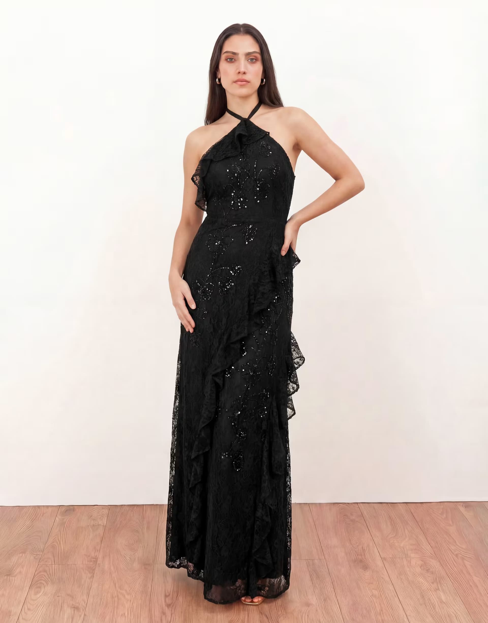 ASOS Maya Embellished halter neck lace maxi dress in black