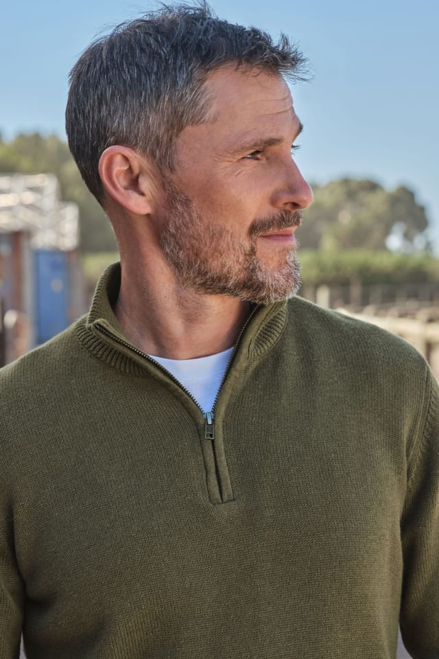 WoolOvers WoolOvers Men's Essential Cotton Zip Neck Jumper in Khaki - 2