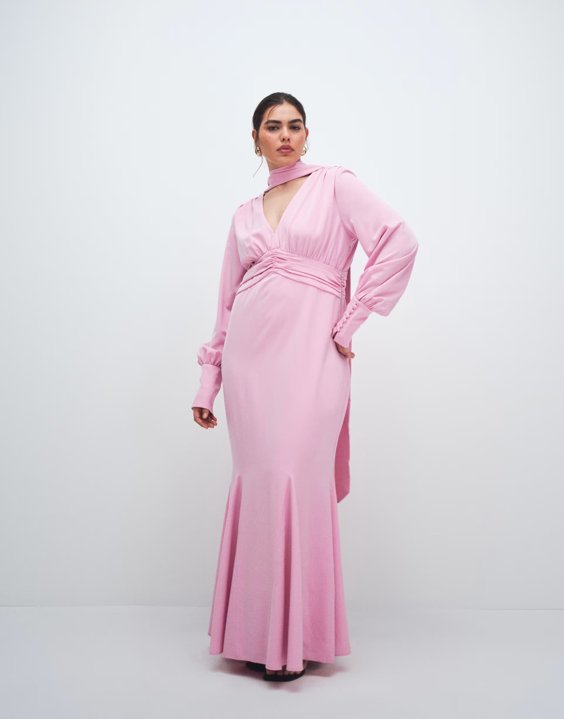 ASOS Pretty Lavish Curve satin scarf detail v neck deep cuff maxi dress in pink