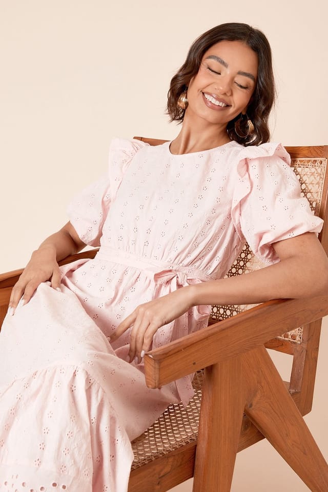 Dorothy Perkins Dorothy Perkins Women's Cutwork Ruffle Sleeve Puff Sleeve Midi Dress in Pink - 2