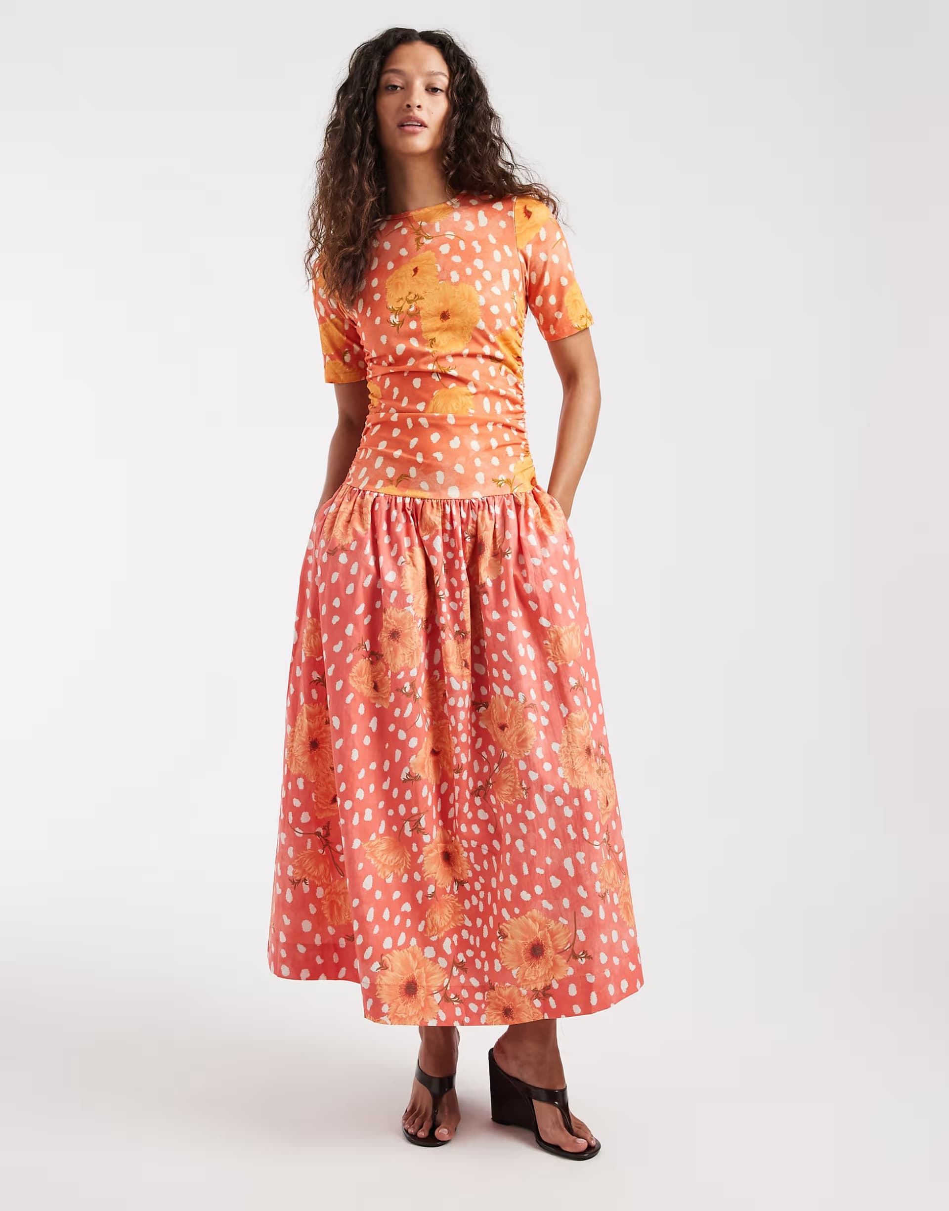 ASOS Never Fully Dressed Gracie jersey  drop waist t-shirt midi dress in coral spot poppy print