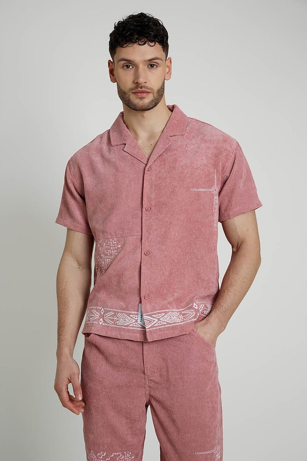 Native Youth Native Youth Men's Short Sleeve Lightweight Embroidered Relaxed Shirt in Pink