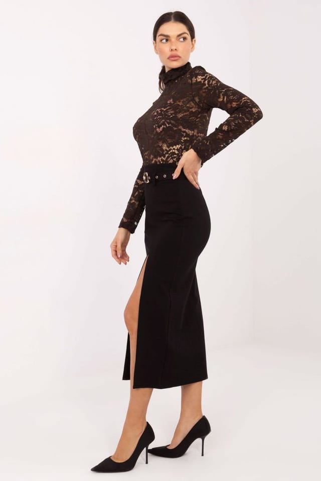 Love Lace Love Lace Women's Draped Midi Skirt With Front Slit Belt in Black - 2