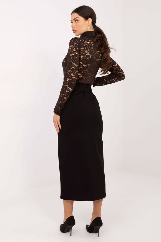 Love Lace Love Lace Women's Draped Midi Skirt With Front Slit Belt in Black - 3