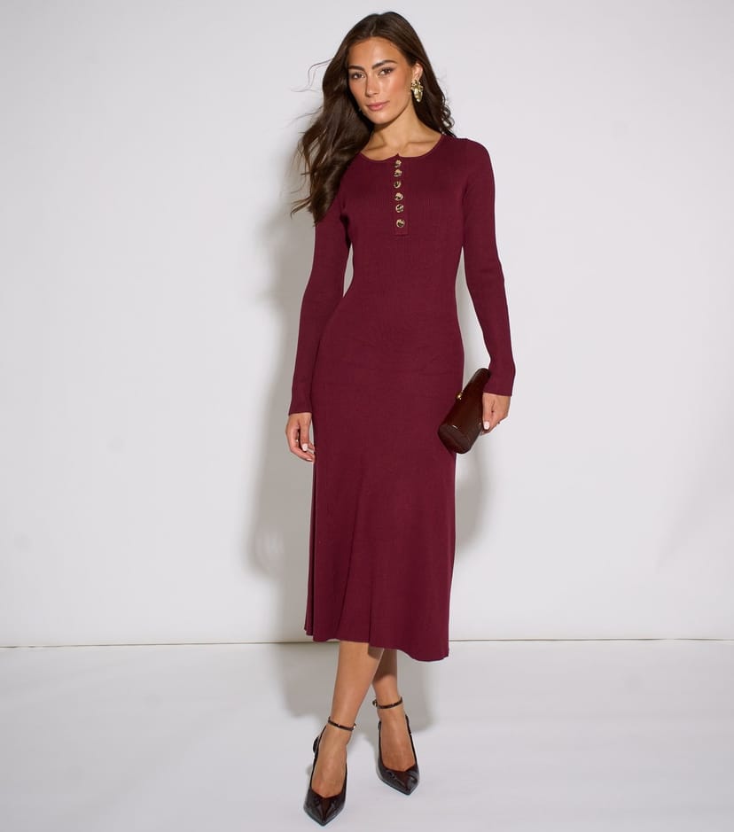 Gini London Women's Dark Red Ribbed Knit Midi Dress Gini London New Look - 1