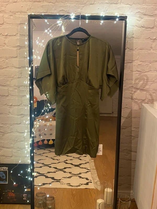 ASOS Design Khaki keyhole satin angel sleeve mini dress