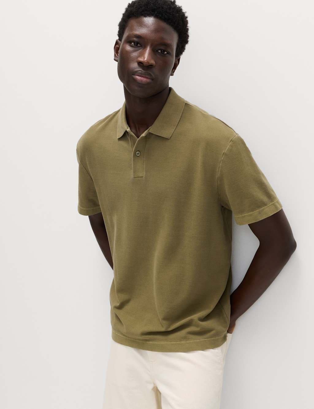 Marks & Spencer M&S Pure Cotton Garment Dyed Polo Shirt Olive