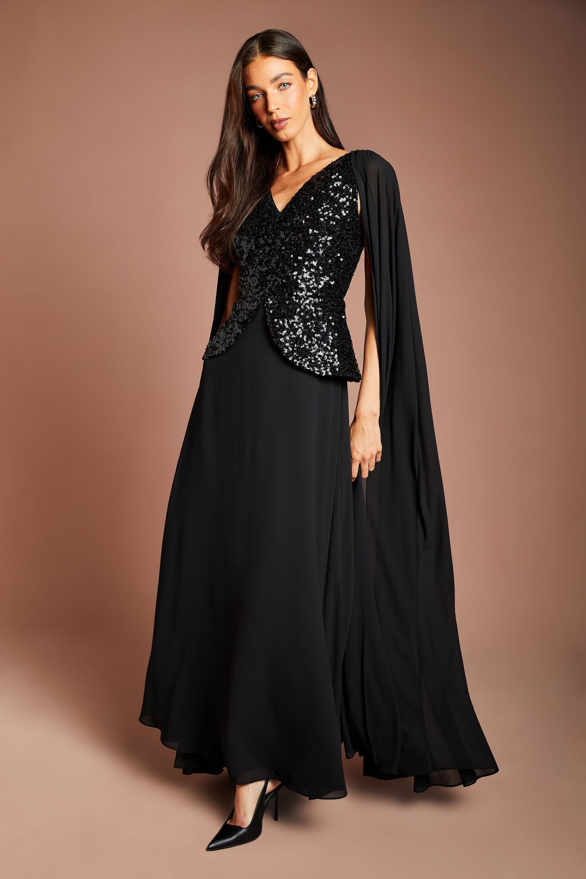 Coast Coast Women's Sequin Bodice Georgette Maxi Dress With Georgette Cape in Black
