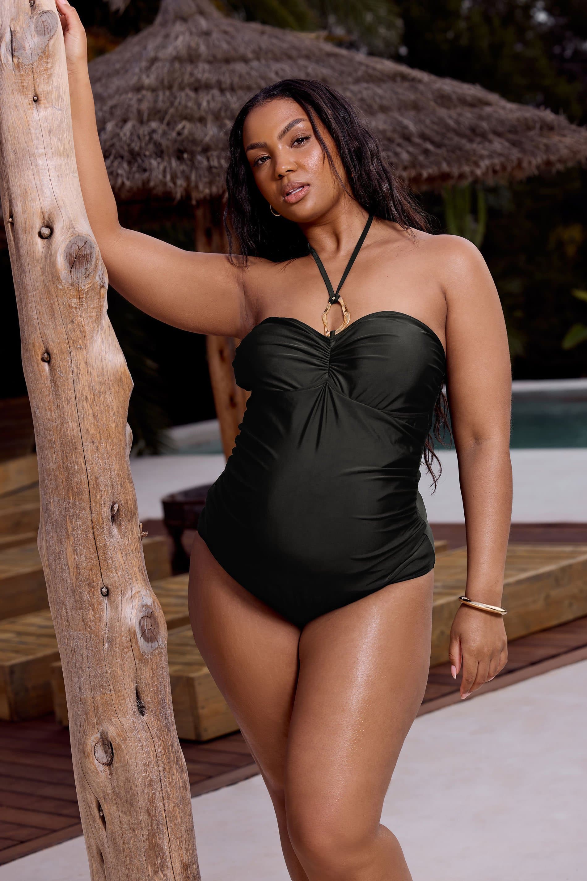Bump It Up Maternity Plus Size Black Buckle Halterneck Swimsuit