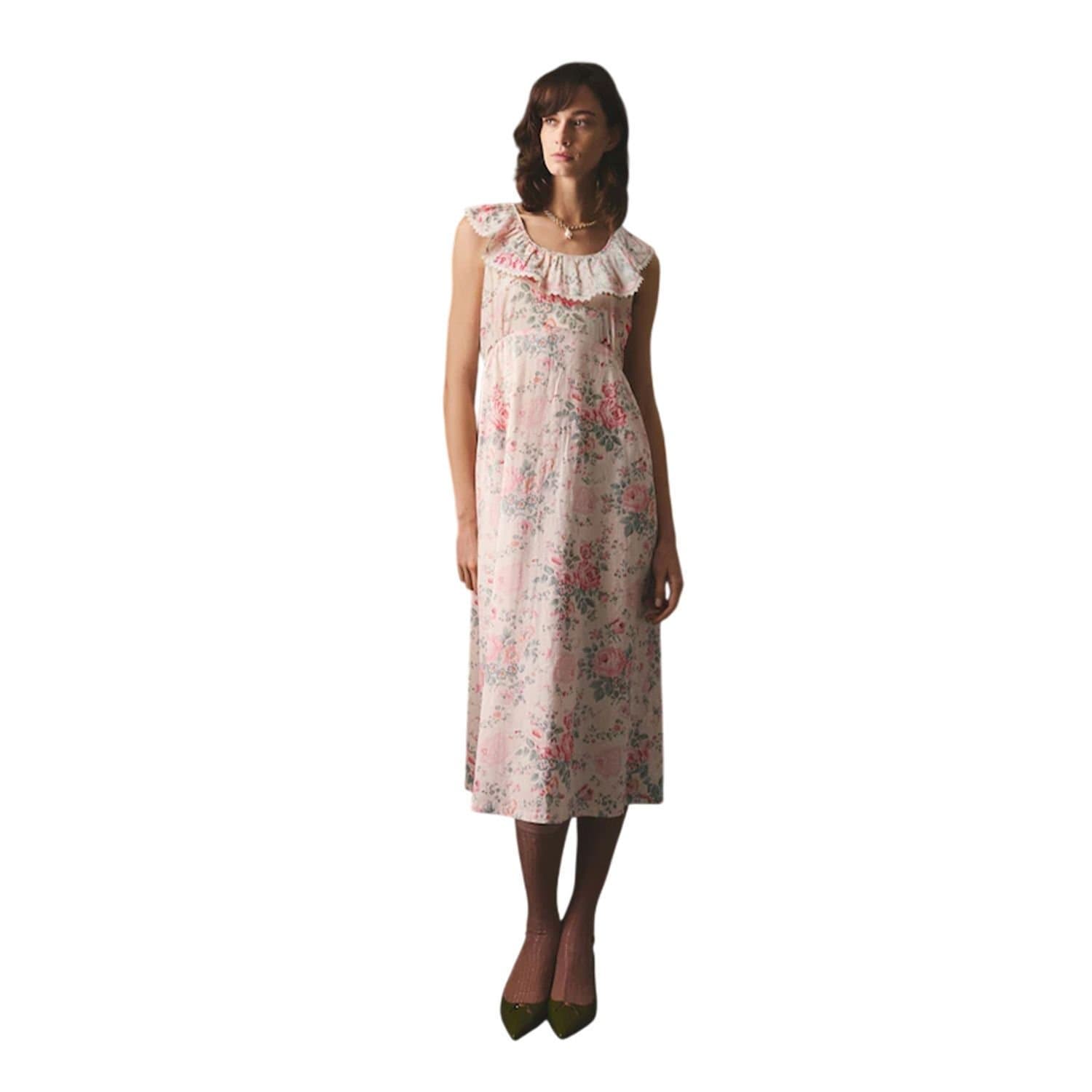 Cath Kidston Cath Kidston Women's Hackney Rose Frill Trim Midi Dress in Cream