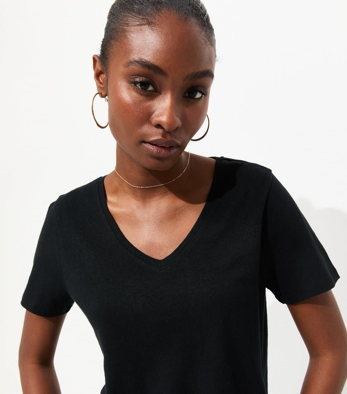 New Look Women's Premium Black Linen Rich V Neck T-Shirt New Look