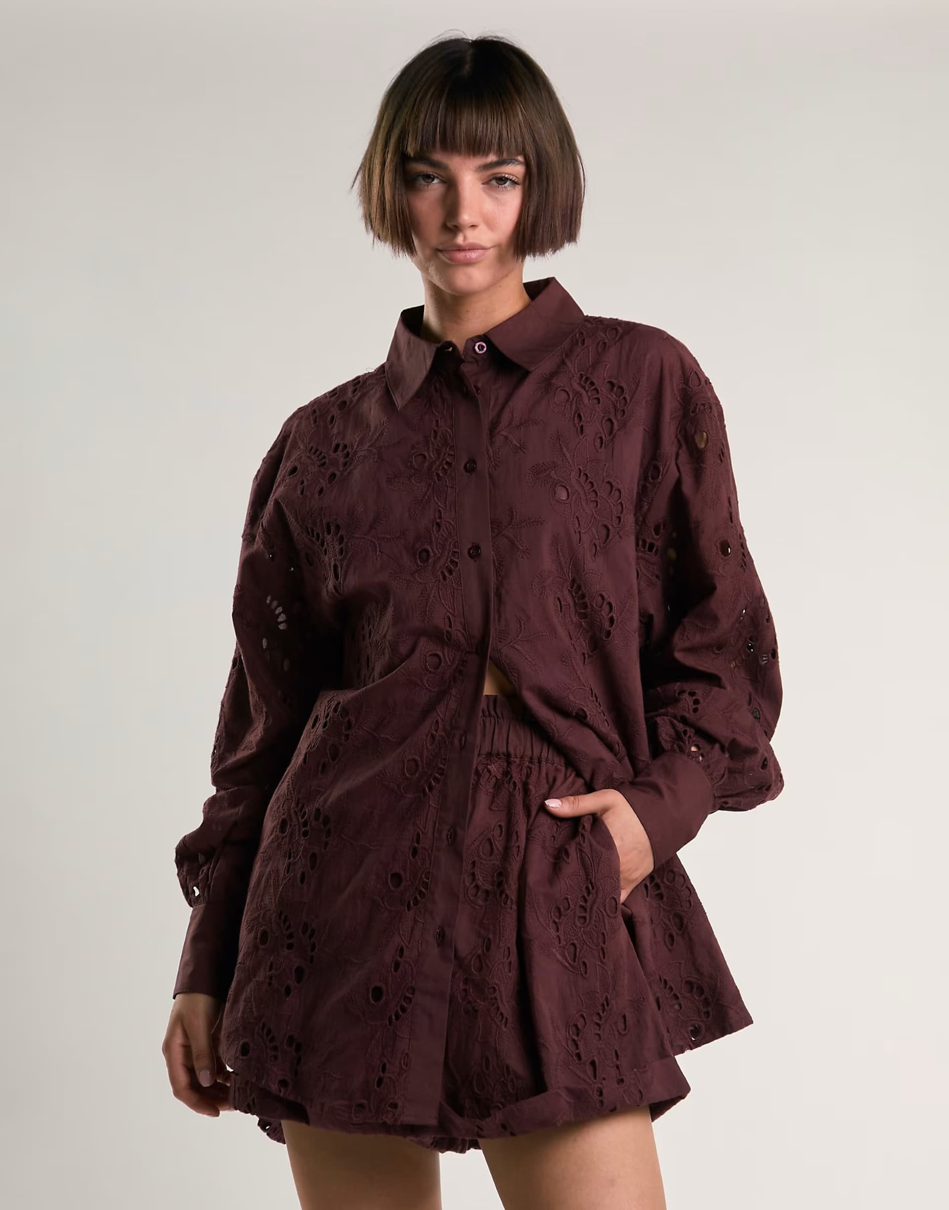 ASOS Glamorous Cutwork shorts in deep burgundy