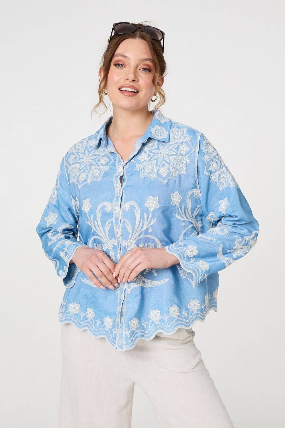 Izabel London Izabel London Women's Embroidered Texture Scalloped Hem Shirt in Blue