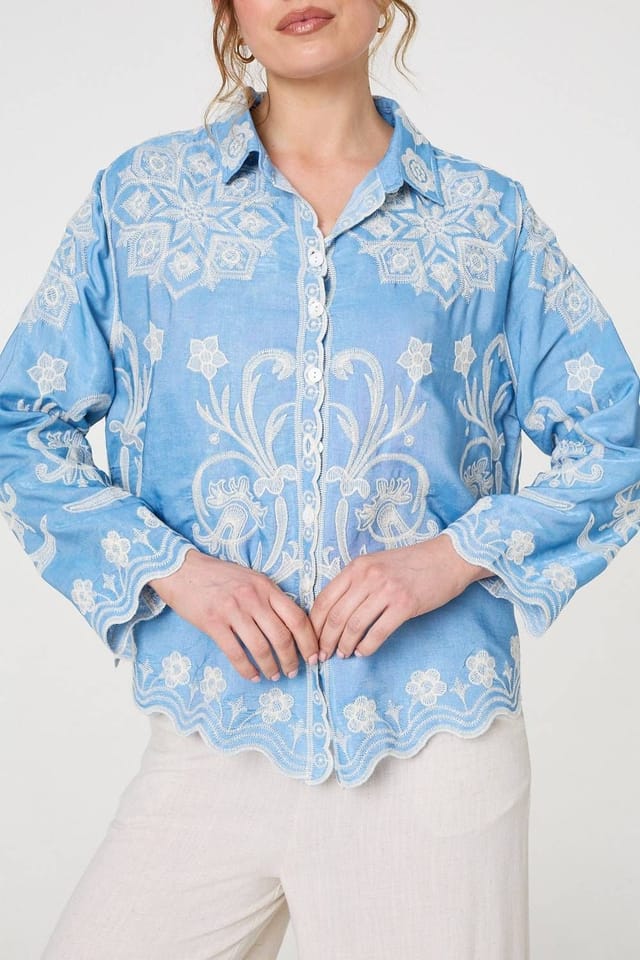 Izabel London Izabel London Women's Embroidered Texture Scalloped Hem Shirt in Blue - 2