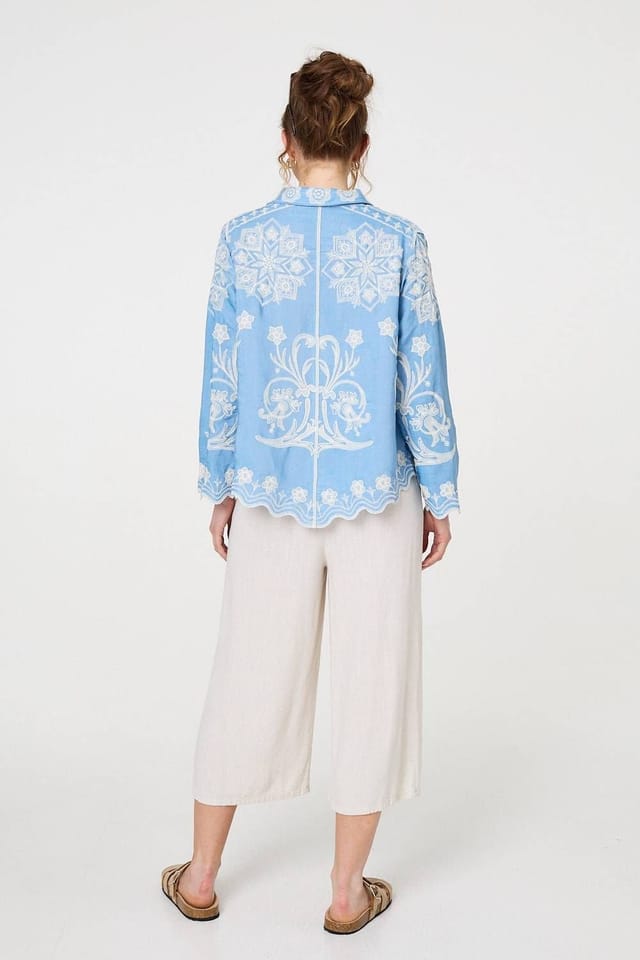 Izabel London Izabel London Women's Embroidered Texture Scalloped Hem Shirt in Blue - 3