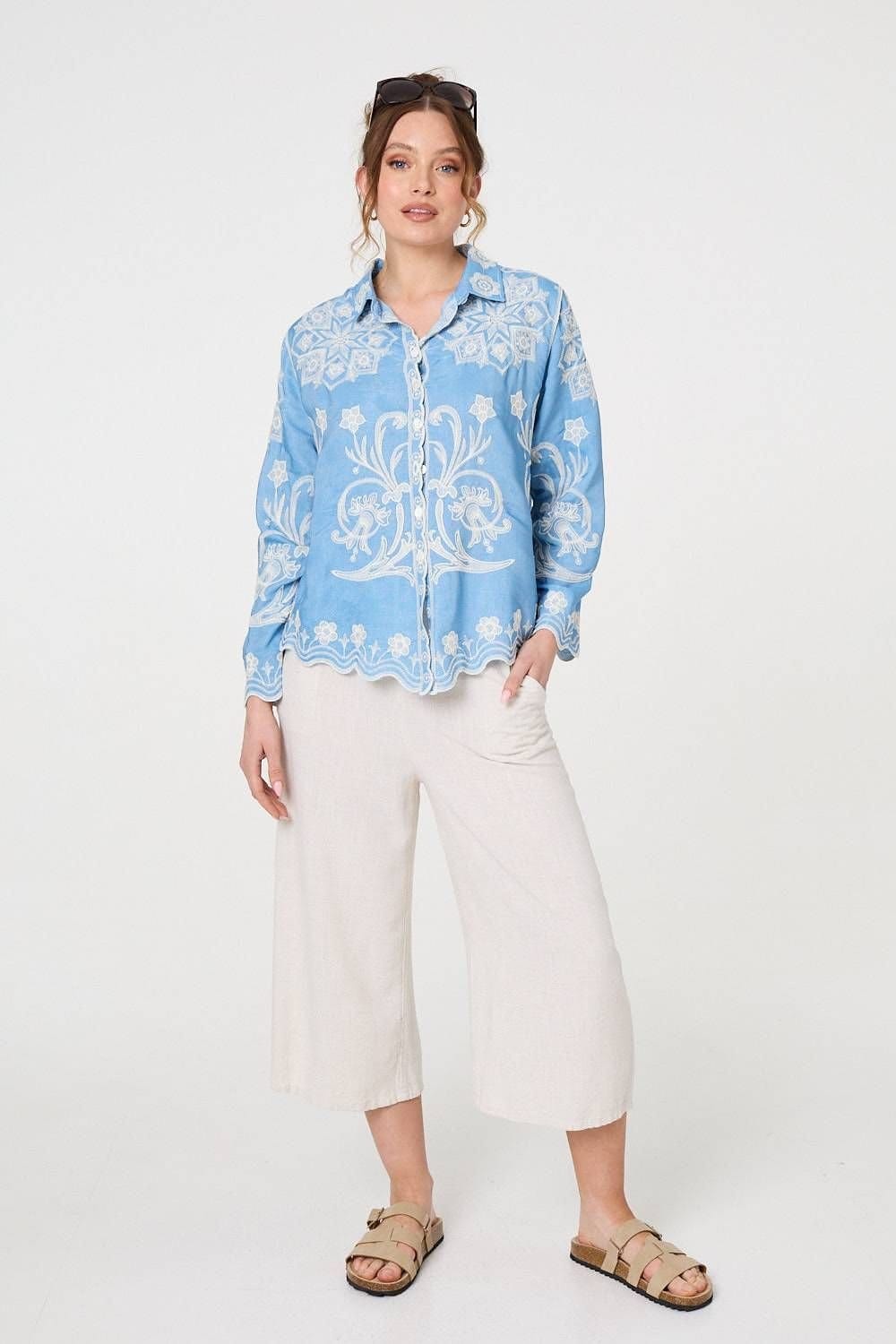 Izabel London Izabel London Women's Embroidered Texture Scalloped Hem Shirt in Blue - 4