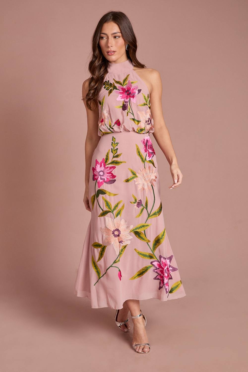 Coast Coast Women's High Neck Midi Dress With Floral Embroidery in Blush - 2