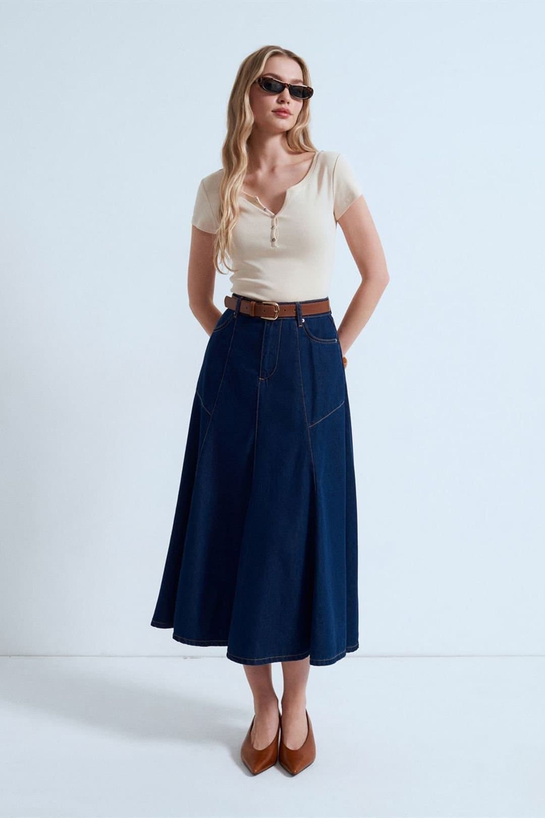 Dilvin Dilvin Women's High-Waist Midi A-Line Denim Skirt in Dark Indigo