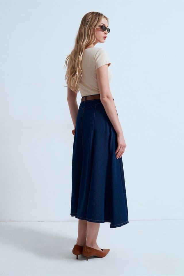 Dilvin Dilvin Women's High-Waist Midi A-Line Denim Skirt in Dark Indigo - 2