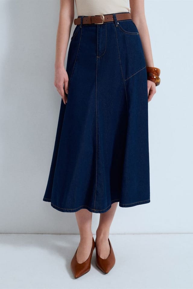 Dilvin Dilvin Women's High-Waist Midi A-Line Denim Skirt in Dark Indigo - 3