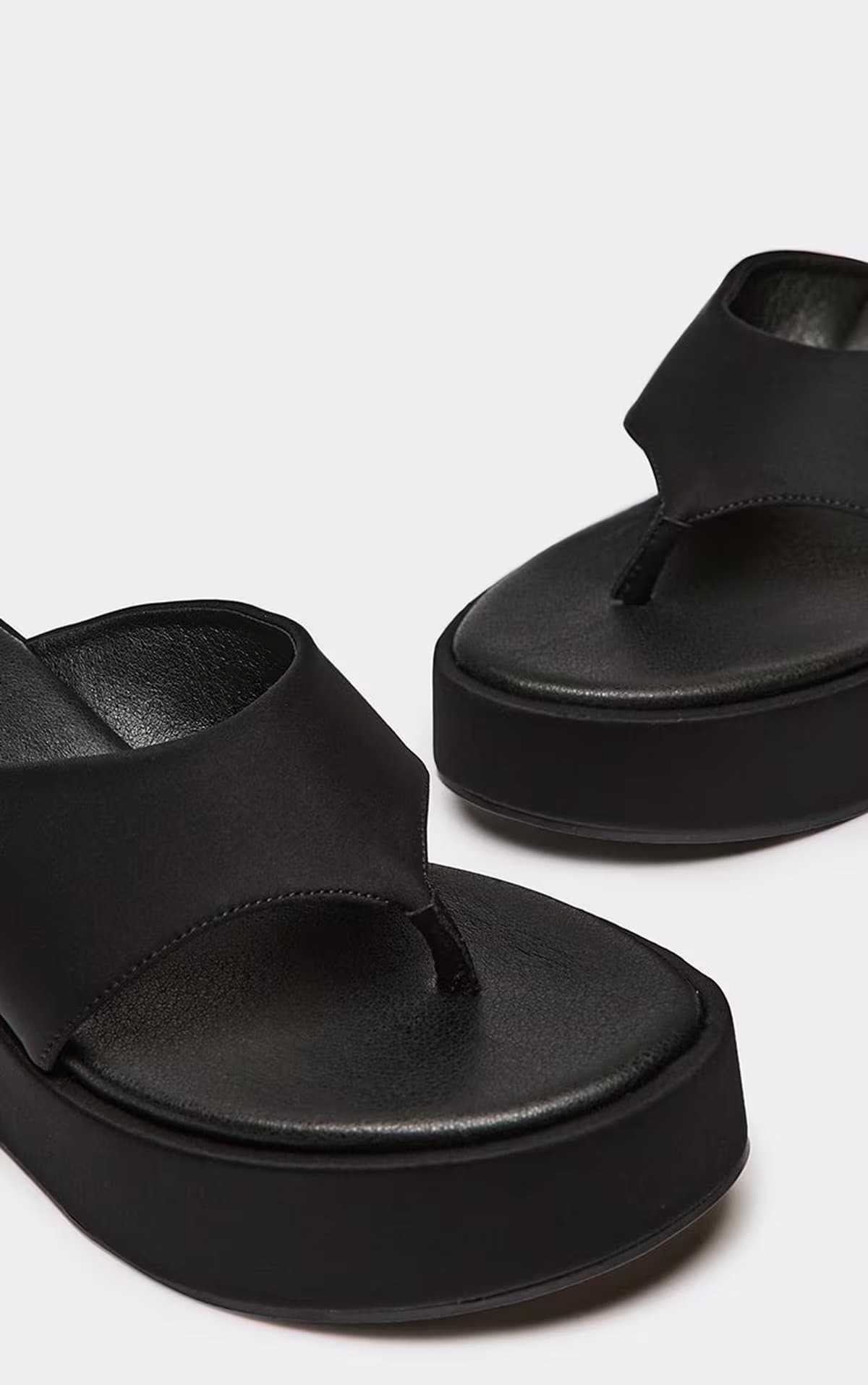 EGO Sopheen Platform Thong Strap Wedge Heeled Mule In Black Satin, Women's Size UK 3