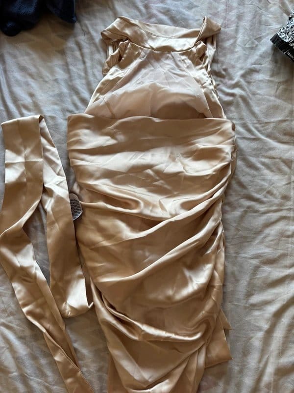 ASOS Luxe Champagne Gold Super Ruched Halter Satin Mini Dress Bow