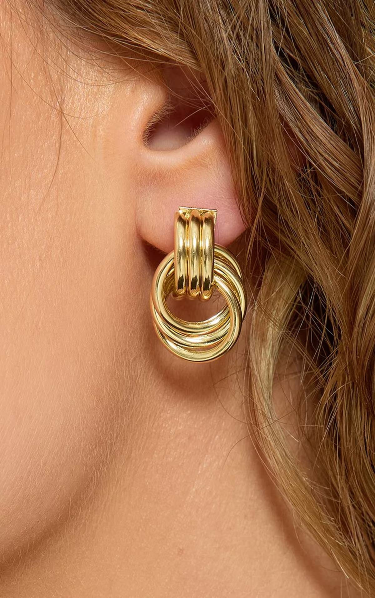 EGO Ribbed Detail Double Drop Earring In Gold, Women's Size UK 0