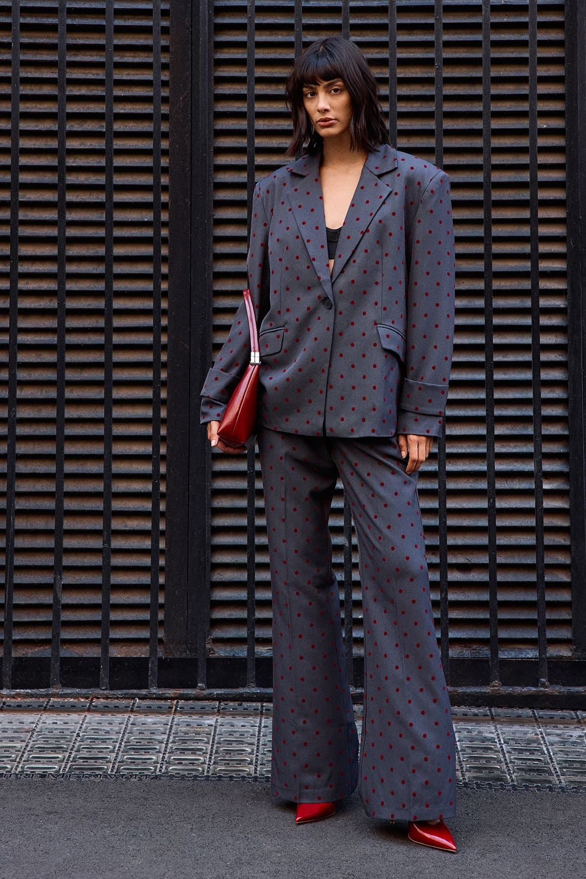 Warehouse Warehouse Women's Burgundy Velvet Polka Dot High Waist Deep Waistband Trouser Co-Ord in Grey