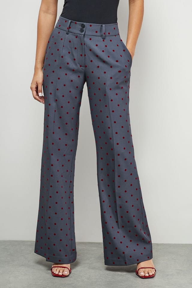 Warehouse Warehouse Women's Burgundy Velvet Polka Dot High Waist Deep Waistband Trouser Co-Ord in Grey - 2