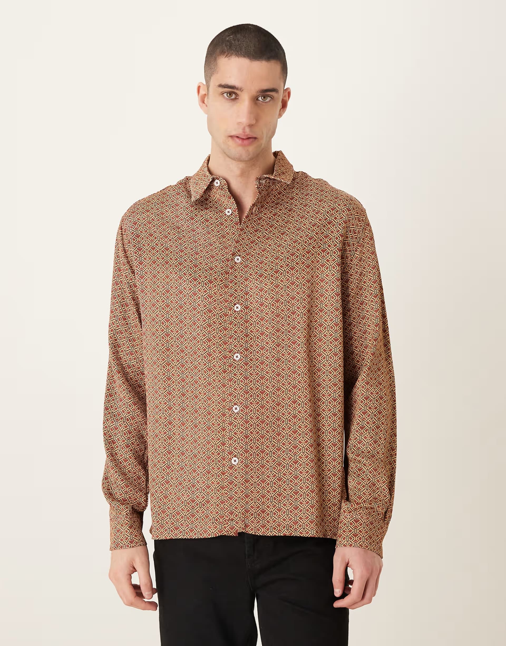 ASOS ASOS DESIGN relaxed satin geo print shirt in brown