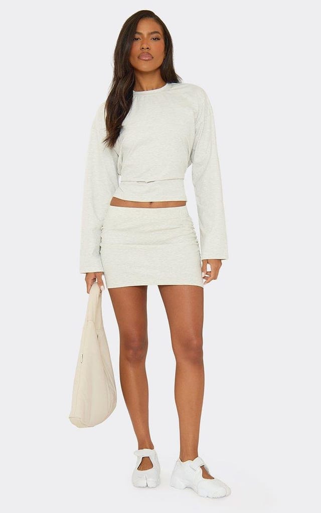 EGO Mid Rise A-Line Ruched Mini Skirt In Light Grey Marl, Women's Size UK 6 - 2