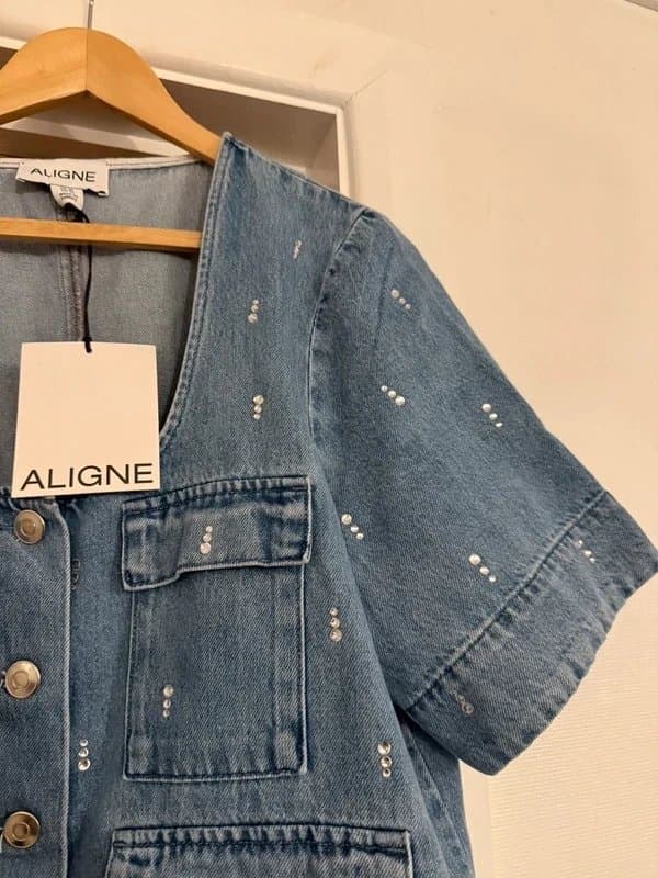 Aligne Aligne Anthropologie Chico Blue Denim Diamante Rhinestone Embellished Tailored Top Shirt