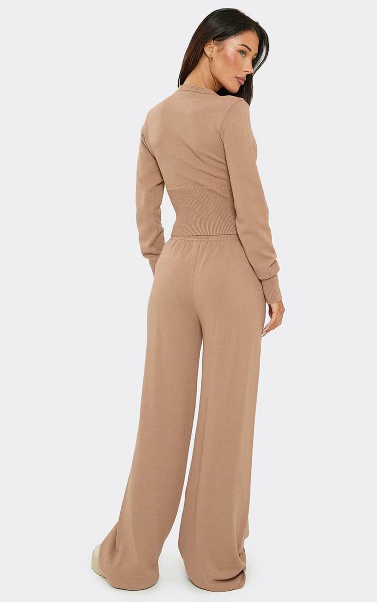 EGO Low Rise Ego Logo Detail Button Front Trousers In Beige Knit, Women's Size UK S