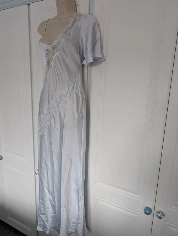 ASOS ASOS Design satin lace insert one sleeve maxi dress with cross back in light blue size 10