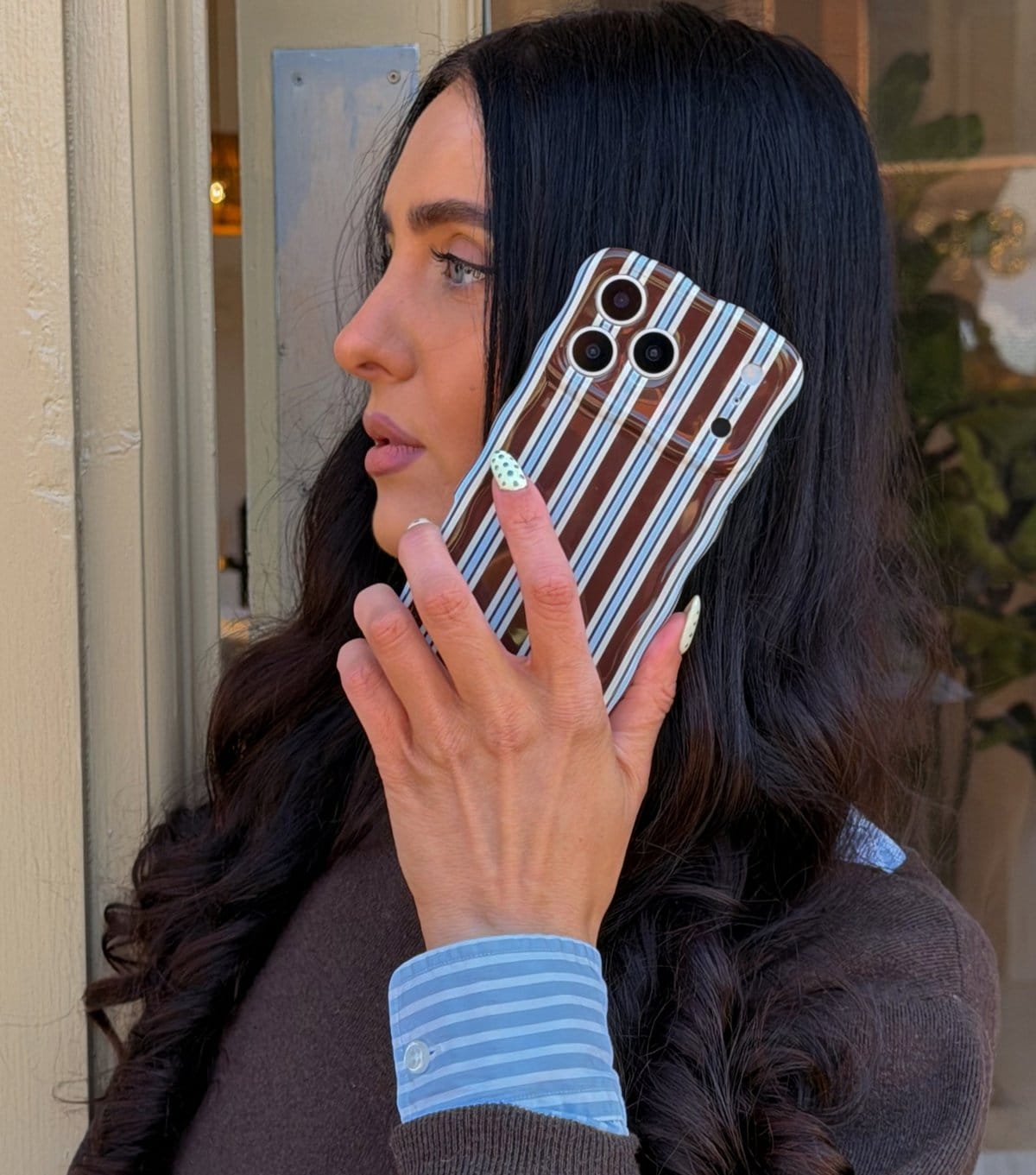 Coconut Lane Brown & Blue Striped Wavy Phone Case Coconut Lane New Look - 4