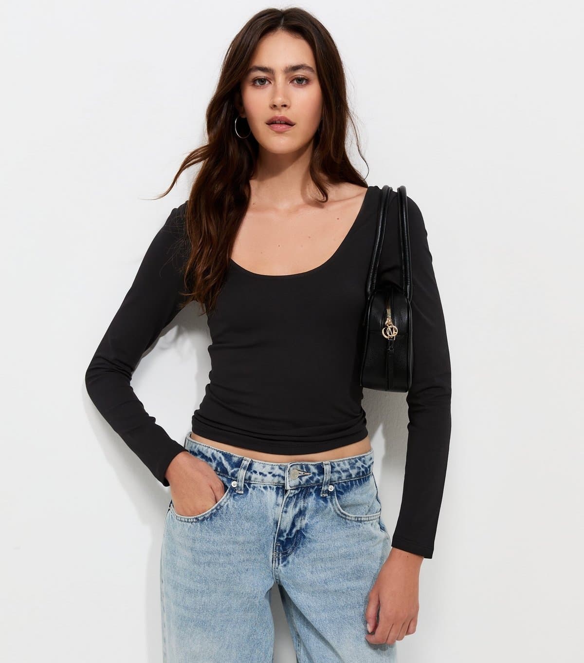 New Look Women's Black Cotton Rich Long Sleeve Scoop Neck Top New Look